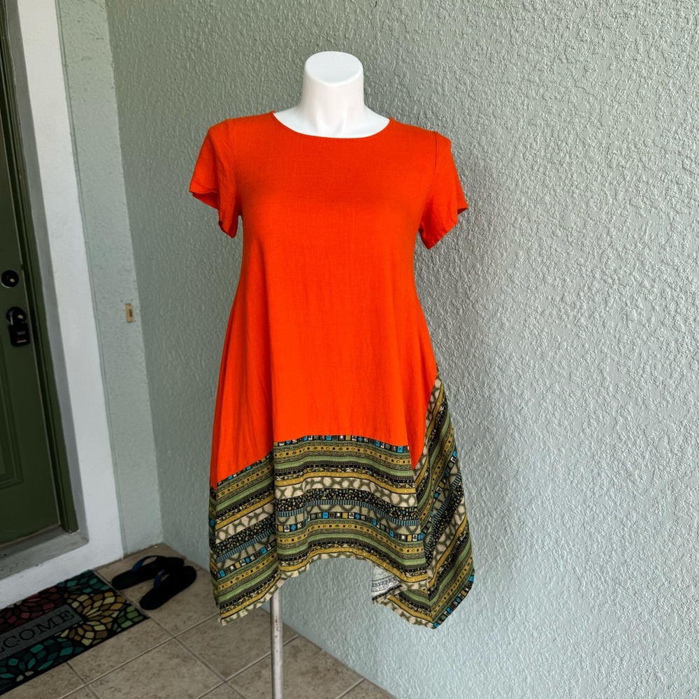 Mordenmiss M Linen orange aztec print T-shirt dress Cinco de Mayo oversized fall
